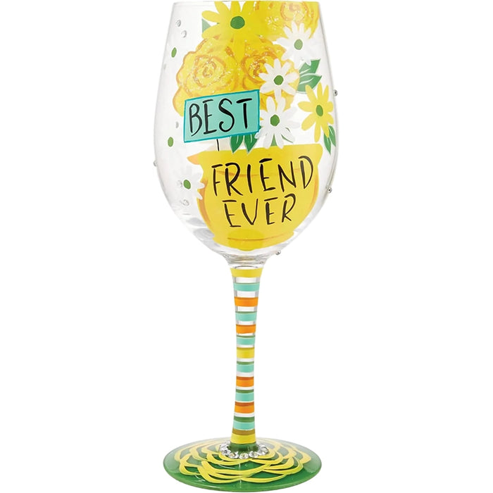 Wine glass with floral design and 'Best Friend Ever' text on a white background