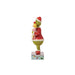 Right side view Jim Shore Figurine of Grinch in a red sweater and Santa hat holding Cindy with a sign, on a white background.