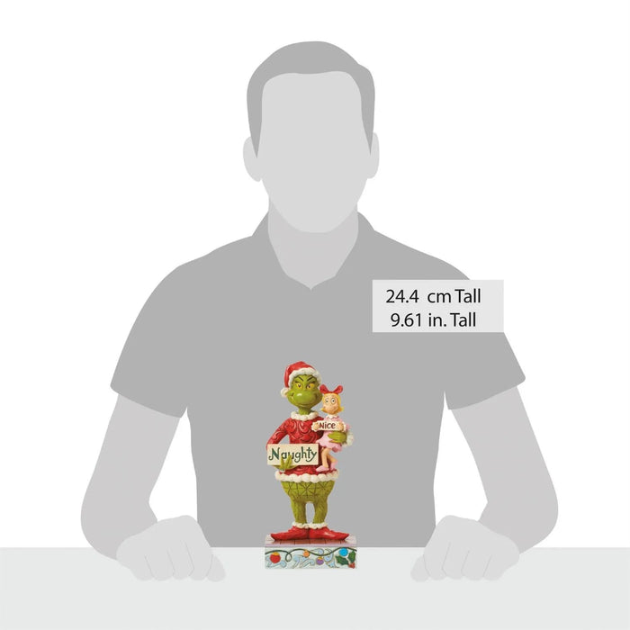 Grinch figurine with a measurement label and a gray silhouette on a white background