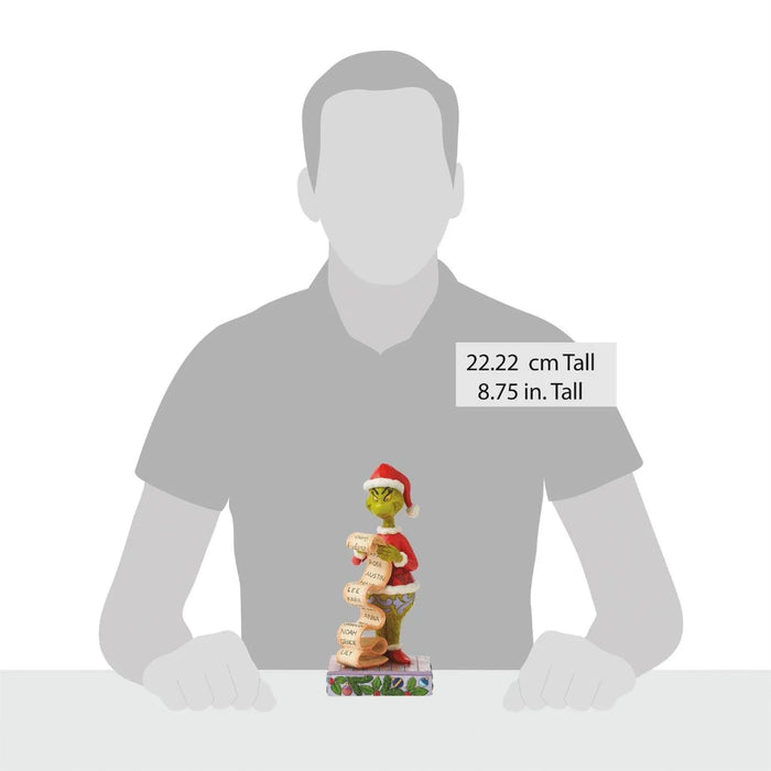 Jim Shore Grinch figurine in a red outfit and Santa hat holding a list with a grey silhouette and measurement, on a white background