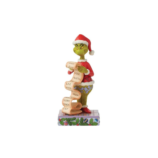 Jim Shore Grinch figurine in a red outfit and Santa hat holding a list, on a white background