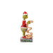 Left Side view Jim Shore Grinch figurine in a red outfit and Santa hat holding a list, on a white background