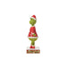Right side view of Jim Shore Grinch figurine in red patchwork Santa suit, showing detailed hand-painted design on stage. on a white background "