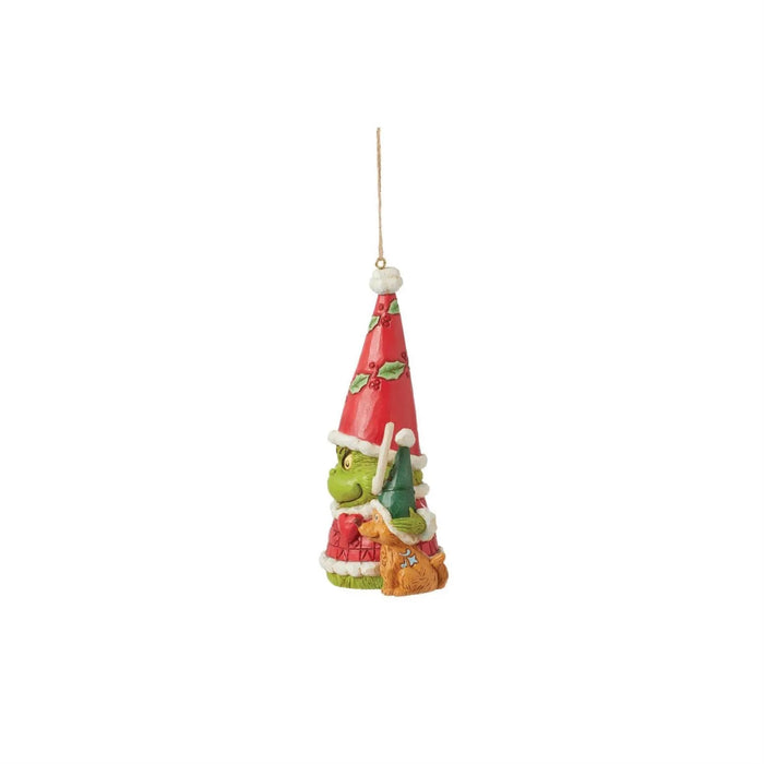  Right side view of Jim Shore Grinch Gnome Christmas ornament  in a red hat with Max the  dog, on a white background