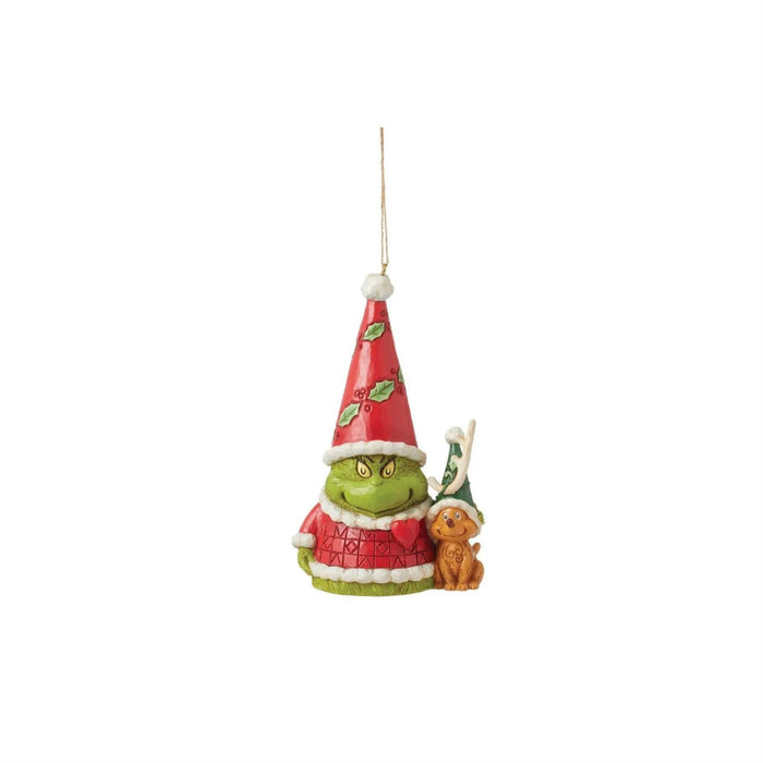 Jim Shore Grinch Gnome Christmas ornament  in a red hat with Max the  dog, on a white background