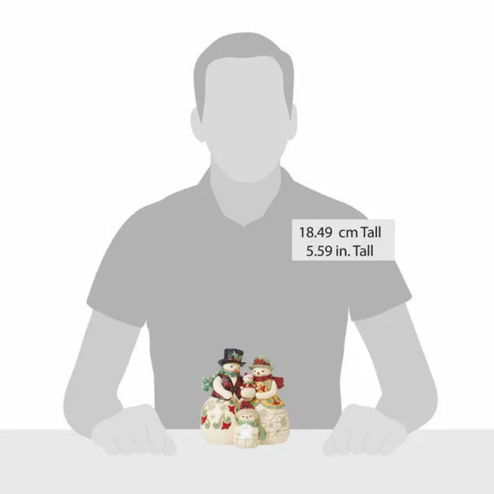Jim Shore snowman figurines with a height measurement label on a gray silhouette background