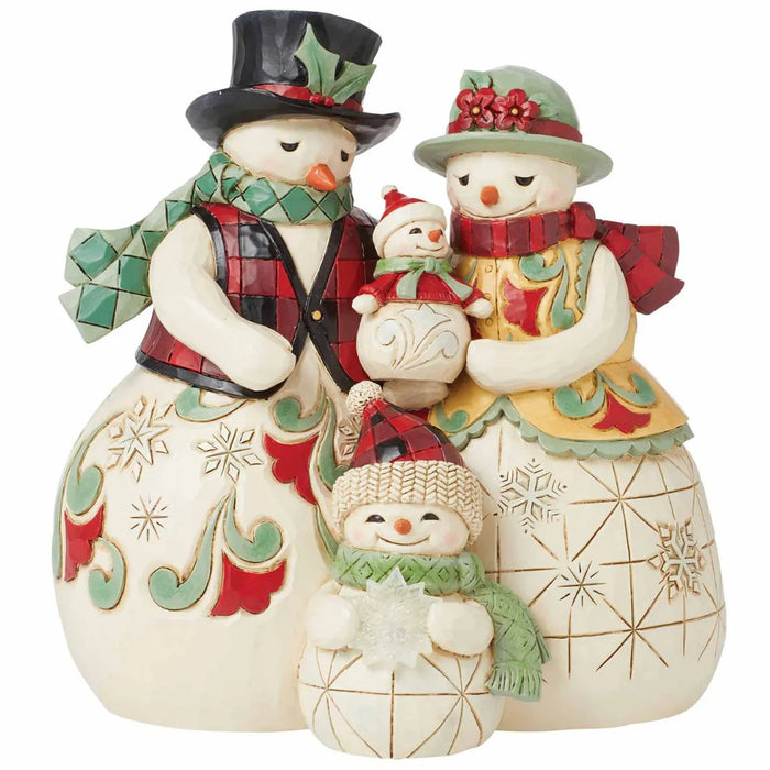 Jim Shore Decorative snowman family figurine with geometric patterns and festive attire on a white background