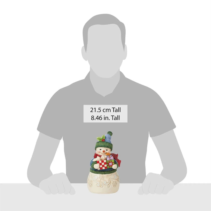 Measurement  image with a persons silhouette  in gray and a decorative snowman figurine on a white background.