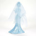 Back side of Hand-painted Haunted Mansion ghost bride figurine by Jim Shore, wearing an intricate patterned wedding gown and clutching an ax on a white background 