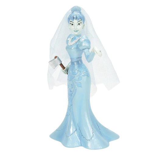 Hand-painted Haunted Mansion ghost bride figurine by Jim Shore, wearing an intricate patterned "blue" wedding gown and clutching an ax, on a white background 