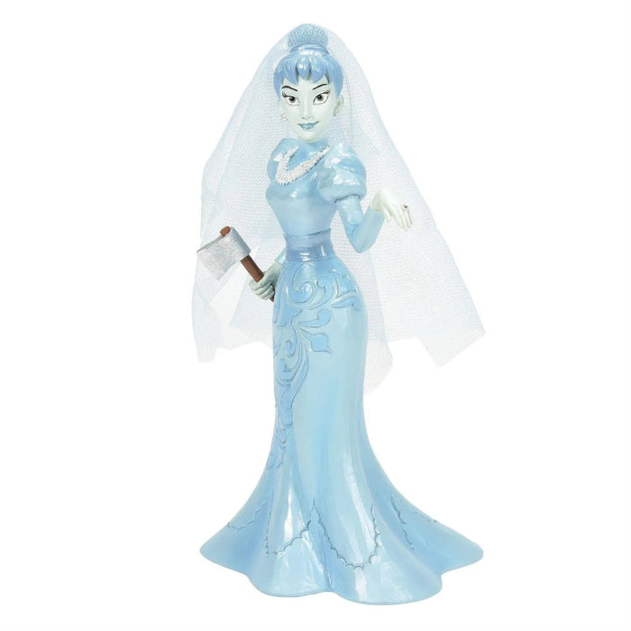 Hand-painted Haunted Mansion ghost bride figurine by Jim Shore, wearing an intricate patterned "blue" wedding gown and clutching an ax, on a white background 