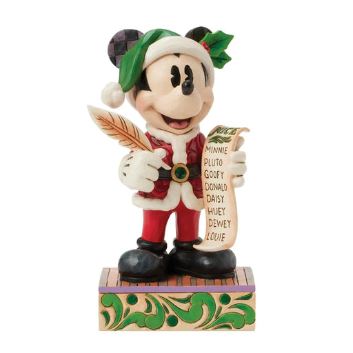 Animated Jim Shore Mickey Mouse  figurine with festive attire holding a sign on a white background