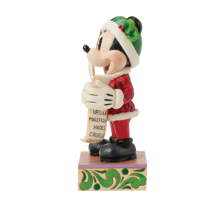 Right side view Animated Jim Shore Mickey Mouse  figurine with festive attire holding a sign on a white background