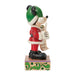 Left side Animated Jim Shore Mickey Mouse  figurine with festive attire holding a sign on a white background