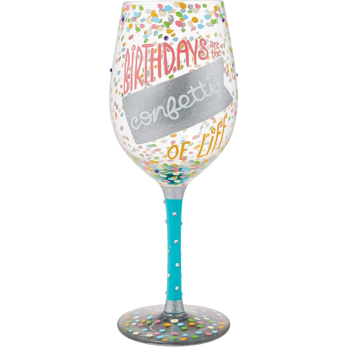 Wine glass with colorful text and confetti design with text" Birthdays are the confetti of life on a white background