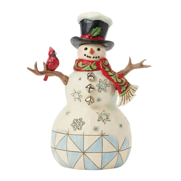 Decorative  Jim Shore snowman figurine with geometric design, red cardinal, and festive scarf on a white background