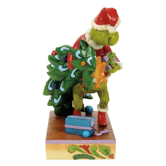 Animated  Grinch character  Jim Shore figurine with a Christmas tree and gift on a white background