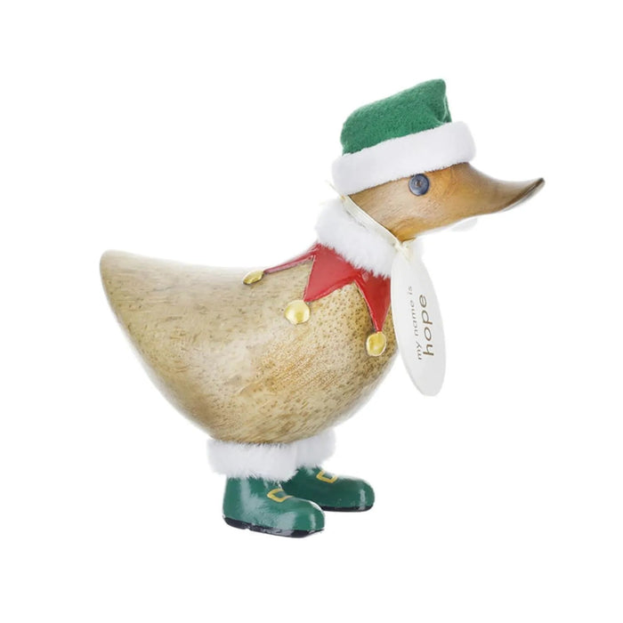Decorative duck figurine wearing a green hat, red scarf, and green boots on a white background