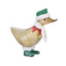 Decorative duck figurine wearing a green hat, red scarf, and green boots on a white background