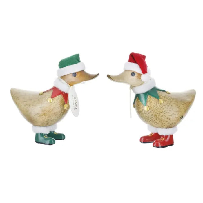 Two decorative ducks wearing Christmas hats and boots on a white  background includes one at random 