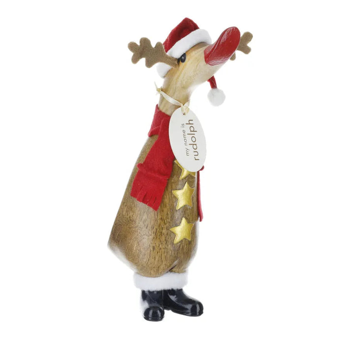 Decorative reindeer figure with a Santa hat and tag on a white background