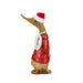 Decorative duck figurine wearing a Santa hat and red outfit on a white background