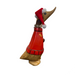 Wooden duck figurine wearing a red outfit and Santa hat on a white background