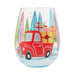 Stemless wine glass with a red truck and Christmas presents design on a white background
