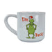White mug with a cartoon character wearing a Santa hat and text 'I'm Back!' on a white background