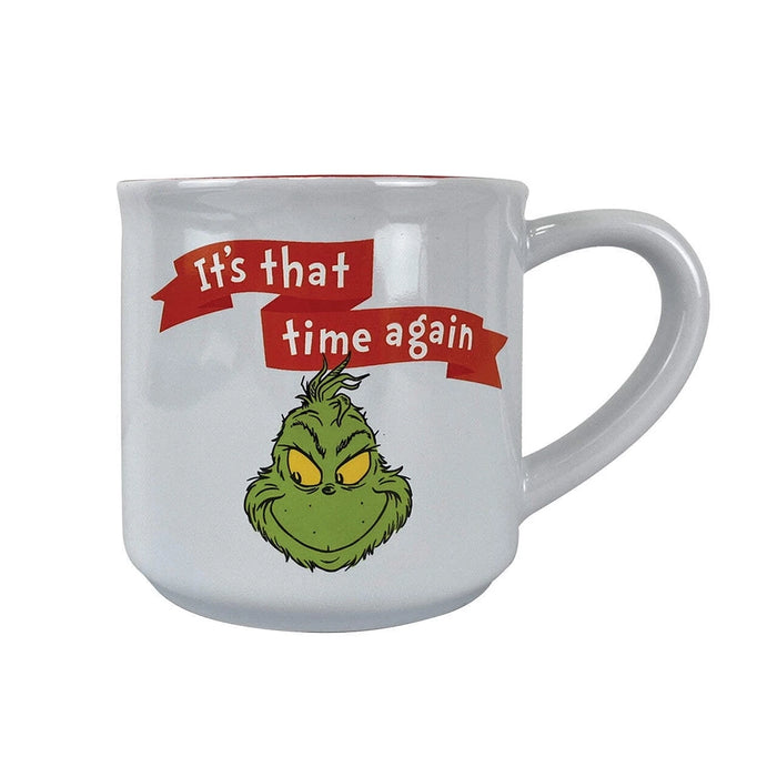 Mug with Grinch face and 'It's that time again' text on a white background