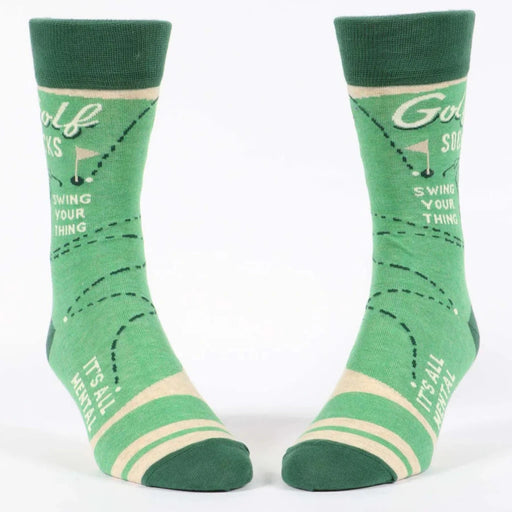 Green socks with golf-themed design on a white background