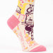Colorful sock with cat design and text on a white background