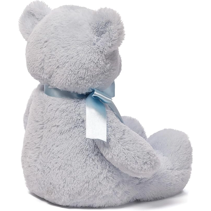 Baby Blue teddy bear with a blue ribbon on a white background