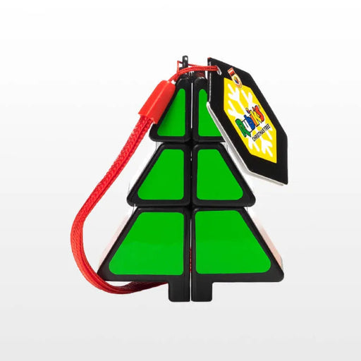 Rubik's Magic Tree puzzle with green faces and a red string on a white background