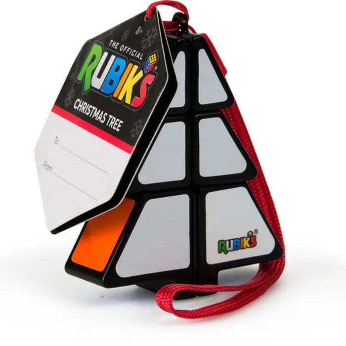 Rubik's Christmas Tree puzzle toy with a red strap on a white background