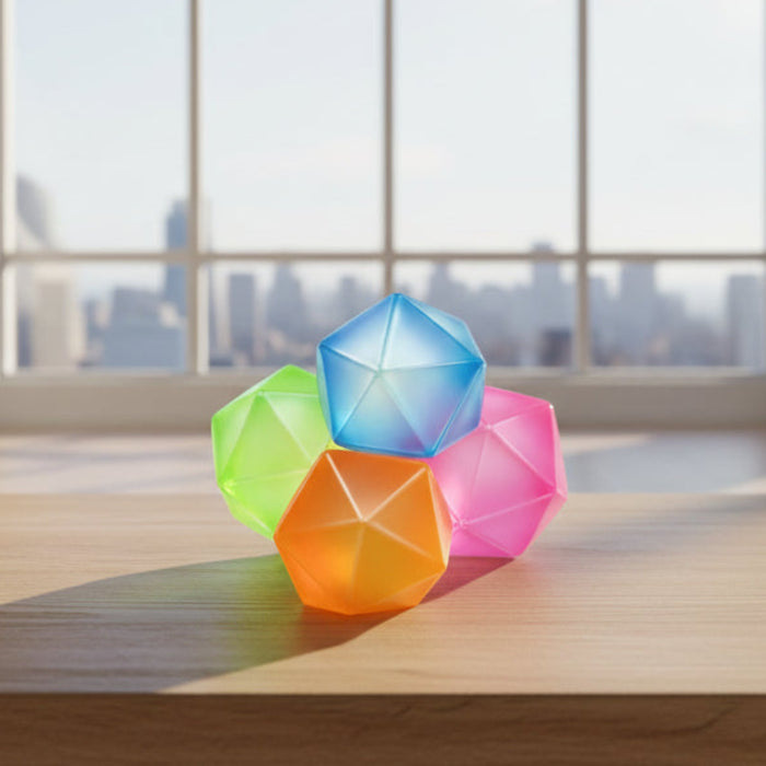 Colorful geometric-shaped toys with size measurement label on a light background