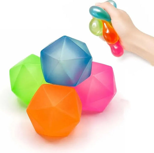 Colorful geometric stress balls on a white background