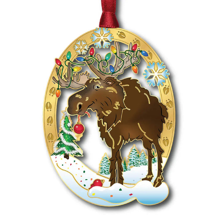Decorative Christmas ornament with a moose and festive elements on a white background