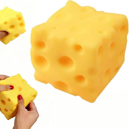 Yellow cheese-shaped foam block with hands holding smaller pieces on a white background