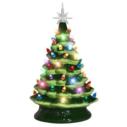 Decorative Christmas tree with colorful lights and a star on a white background
