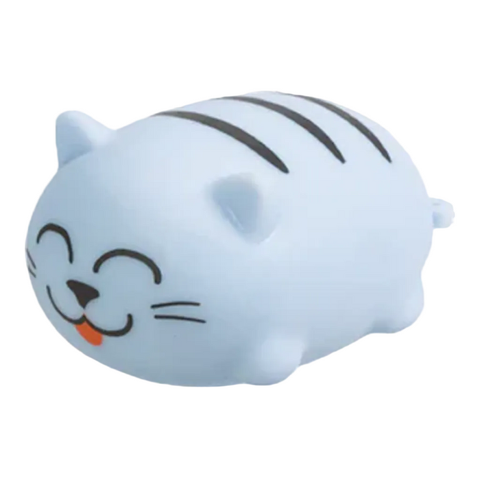 Squishy cat toy with black stripes on a white background