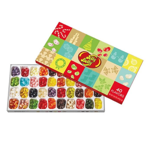 Jelly Belly candy assortment with colorful packaging on a white background