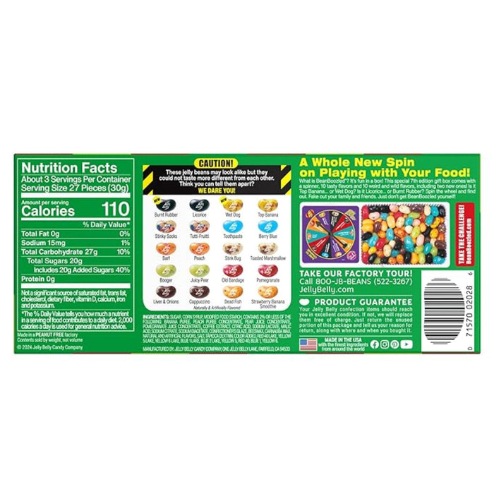 Jelly Belly candy box with nutrition facts and product information on a white background