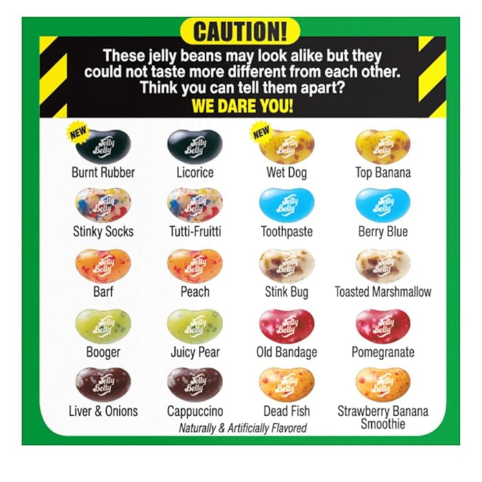 Chart of Jelly Belly jelly bean flavors with a cautionary message.