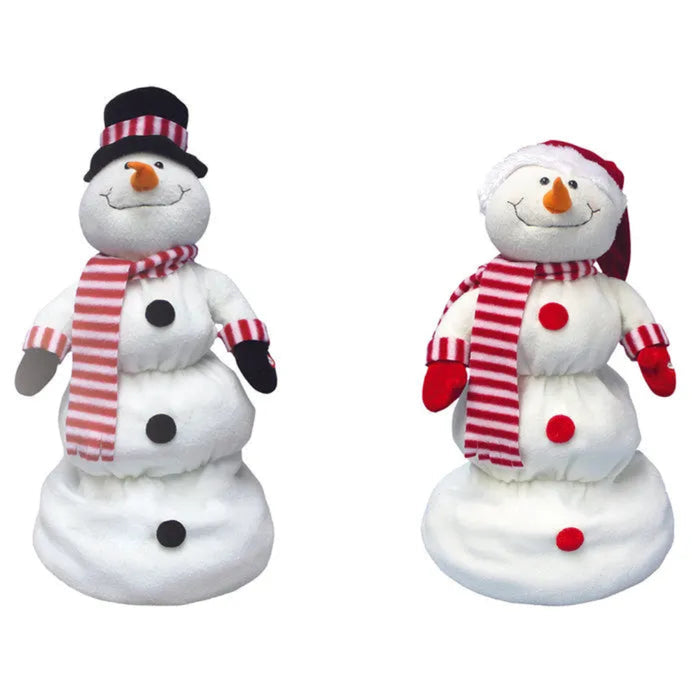 Two snowman figurines with red and white striped scarves on a white background