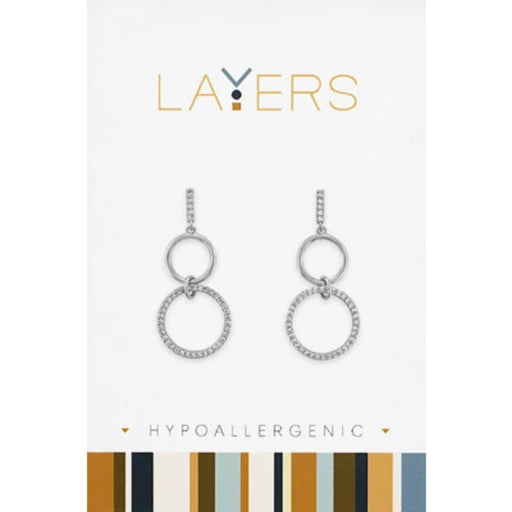 Pair of silver hoop earrings on a Layers branded card with hypoallergenic text.