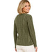 A woman wearing an olive green cable-knit sweater, shown from the back against a plain white background.