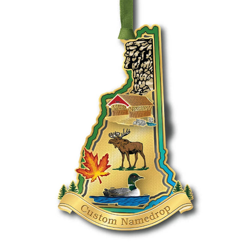  A Christmas ornament featuring the outline of New Hampshire with festive decorations.