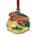 A red and white Christmas ornament featuring a bridge and a sign that reads "custom name" for personalized decoration.