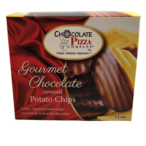 Box of Chocolate Pizza Company Gourmet Chocolate Covered Potato Chips on a decorative stand.